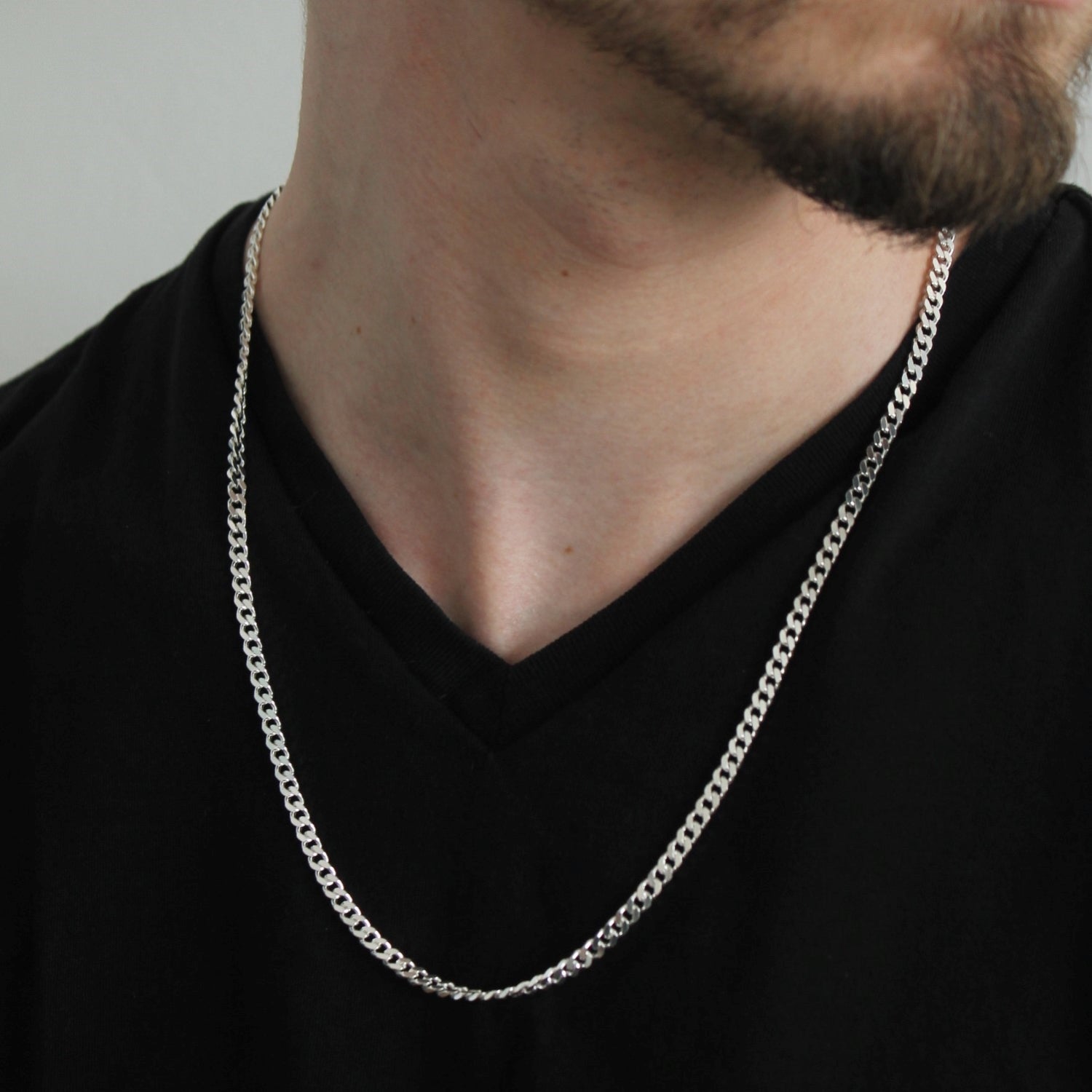 Mens silver curb chain on sale necklace